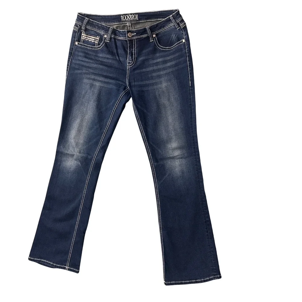 RockRoll Y2K Cowgirl Rival Boot cut Jeans Embellished Pockets 33x34 DarkWash - Picture 2 of 8